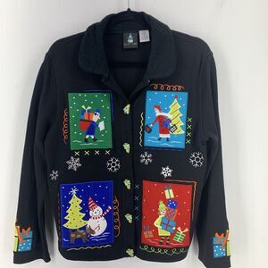 Sport Elle Womens Medium Cardigan Sweater‎ Christmas Holiday Snowman Embroidered